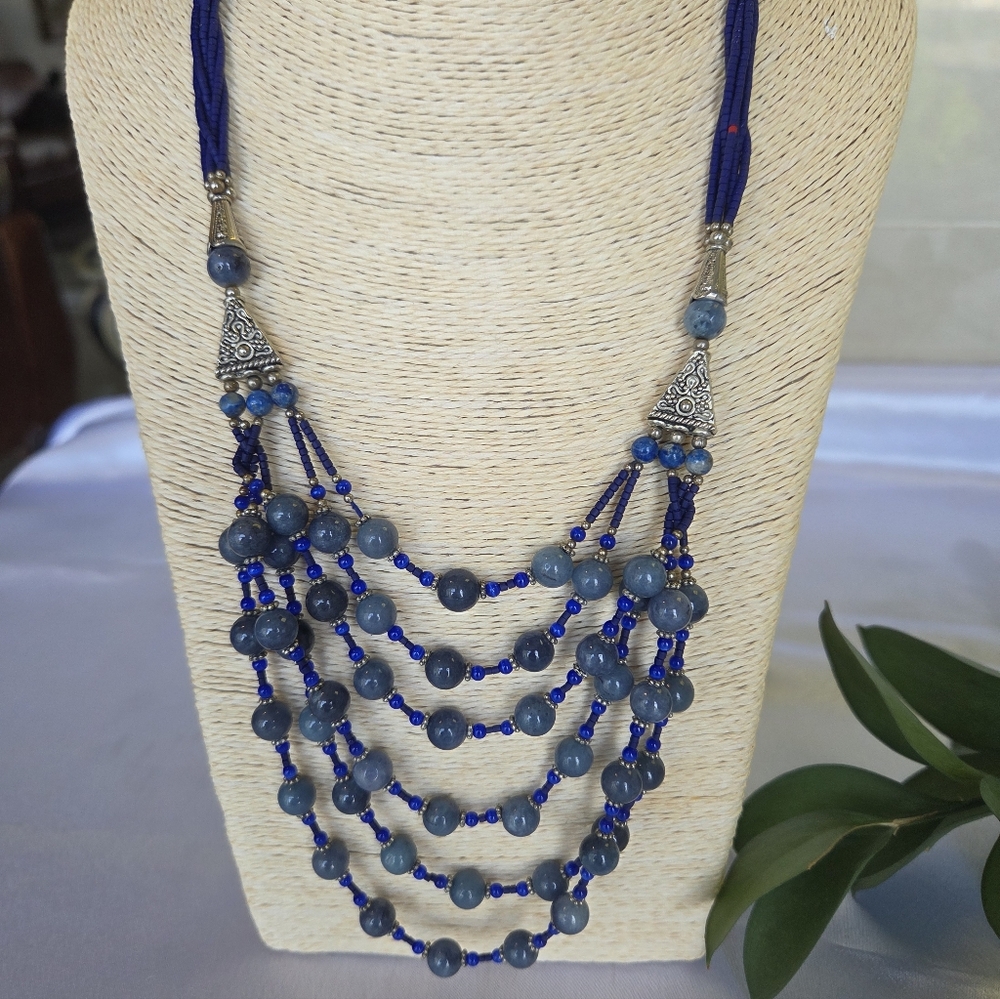 Multistrand Blue Bead Statement Necklace Artisanal Handmade In INDIA